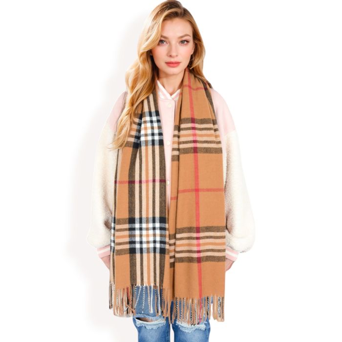 Women's Plaid Pattern Scarf with Fringed Edges and Soft Lightweight Material for Year-Round Use