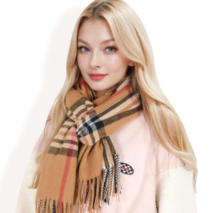 Women's Plaid Pattern Scarf with Fringed Edges and Soft Lightweight Material for Year-Round Use