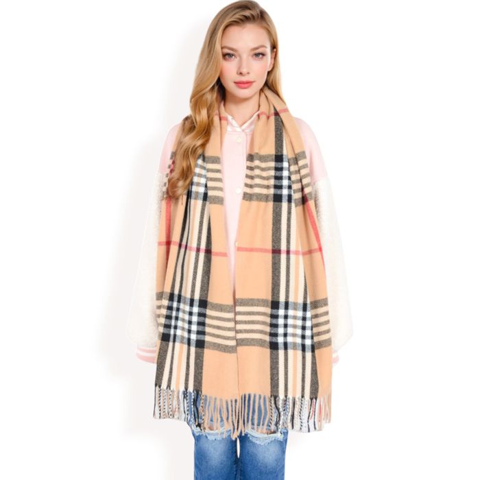 Women's Plaid Pattern Scarf with Fringed Edges and Soft Lightweight Material for Year-Round Use