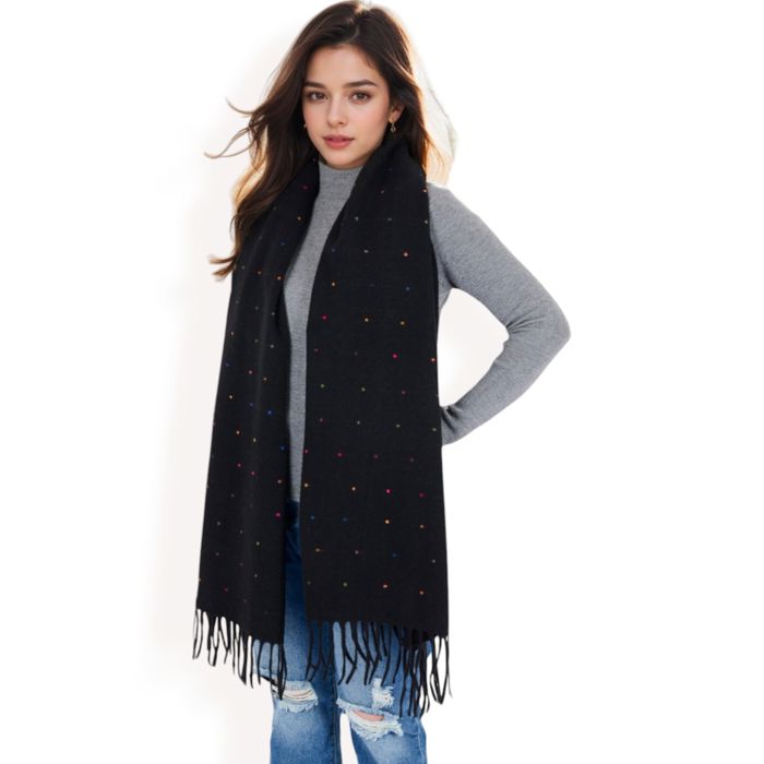 Women's Cashmere-Like Polka Dot Fringe Scarf with Soft Fabric and Lightweight Warmth