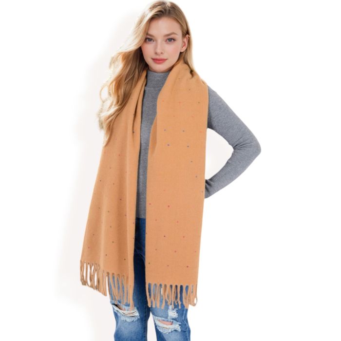 Women's Cashmere-Like Polka Dot Fringe Scarf with Soft Fabric and Lightweight Warmth