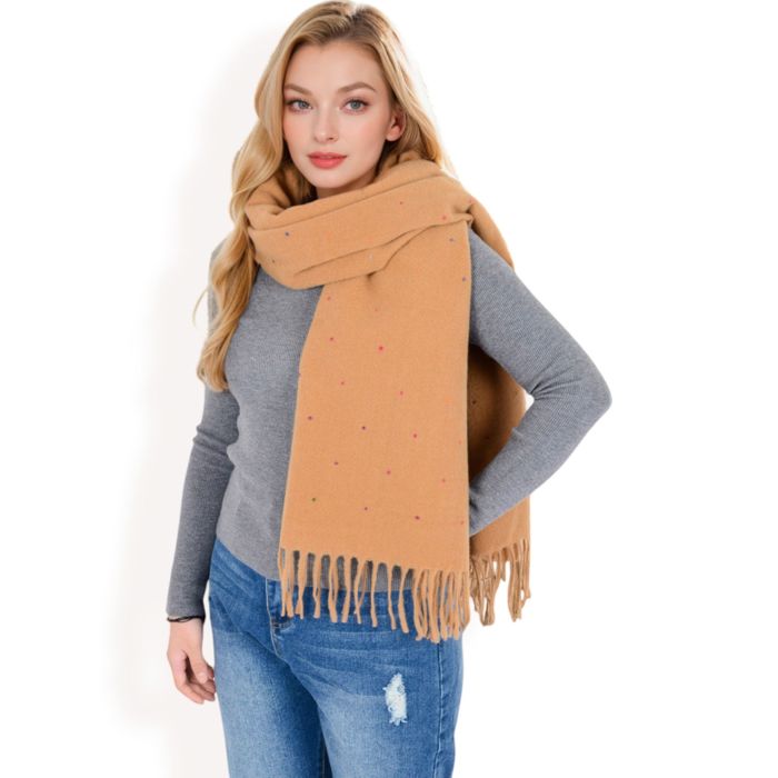 Women's Cashmere-Like Polka Dot Fringe Scarf with Soft Fabric and Lightweight Warmth