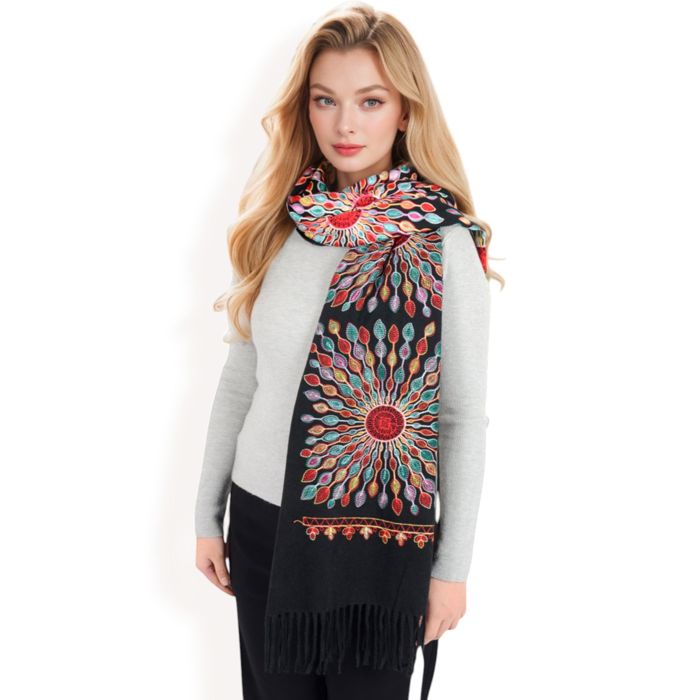 Women's Floral Mandala Embroidered Scarf with Fringed Edges and Lightweight Fabric