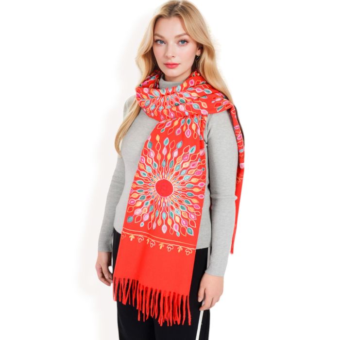 Women's Floral Mandala Embroidered Scarf with Fringed Edges and Lightweight Fabric