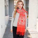 Red Women's Floral Mandala Embroidered Scarf with Fringed Edges and Lightweight Fabric