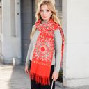 Red Women's Floral Mandala Embroidered Scarf with Fringed Edges and Lightweight Fabric