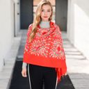 Red Women's Floral Mandala Embroidered Scarf with Fringed Edges and Lightweight Fabric