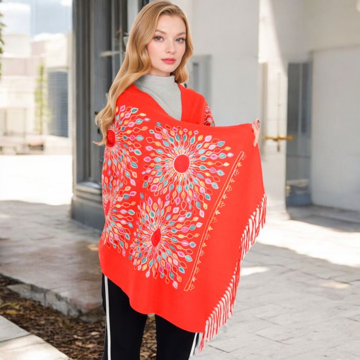 Women's Floral Mandala Embroidered Scarf with Fringed Edges and Lightweight Fabric