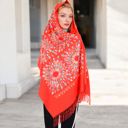 Red Women's Floral Mandala Embroidered Scarf with Fringed Edges and Lightweight Fabric