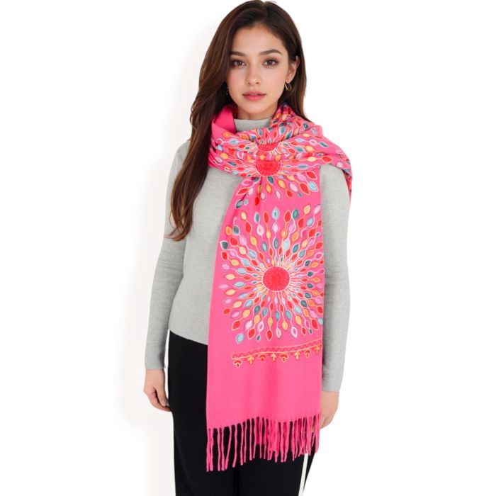 Women's Floral Mandala Embroidered Scarf with Fringed Edges and Lightweight Fabric