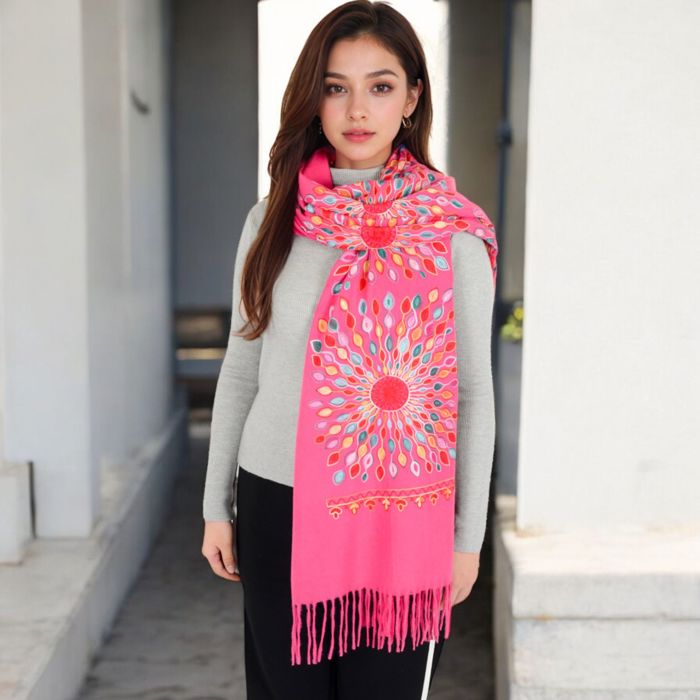 Women's Floral Mandala Embroidered Scarf with Fringed Edges and Lightweight Fabric