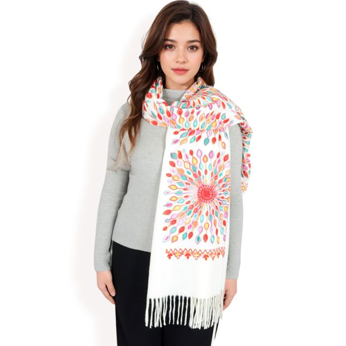 Women's Floral Mandala Embroidered Scarf with Fringed Edges and Lightweight Fabric