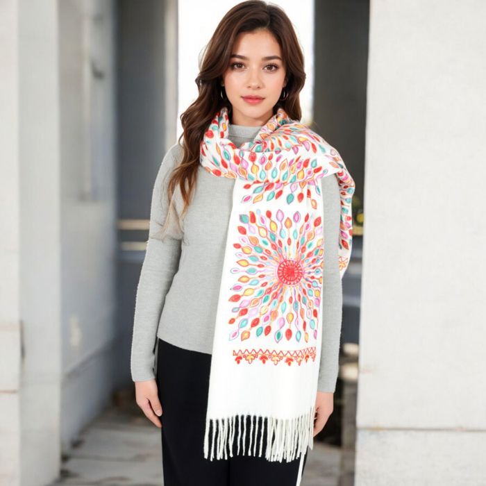 Women's Floral Mandala Embroidered Scarf with Fringed Edges and Lightweight Fabric