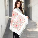 White Women's Floral Mandala Embroidered Scarf with Fringed Edges and Lightweight Fabric