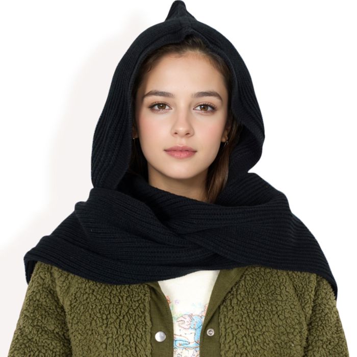 Women's Knitted Hooded Scarf with Versatile Design and Warm Ribbed Texture for Stylish Comfort and Winter Protection