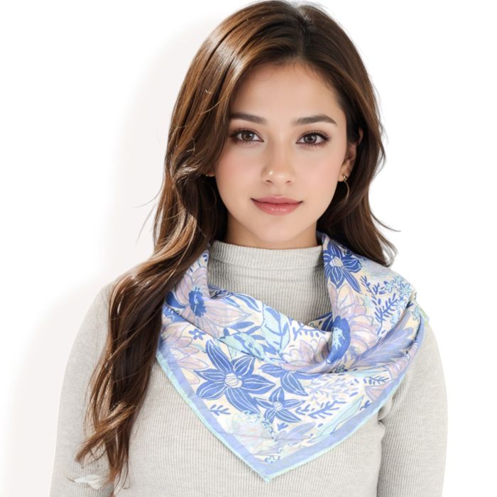 Women's Floral Printed Satin Square Scarves with Elegant Patterns and Contrast Borders for Chic and Versatile Styling