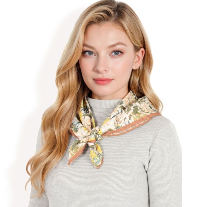 Women's Floral Printed Satin Square Scarves with Elegant Patterns and Contrast Borders for Chic and Versatile Styling