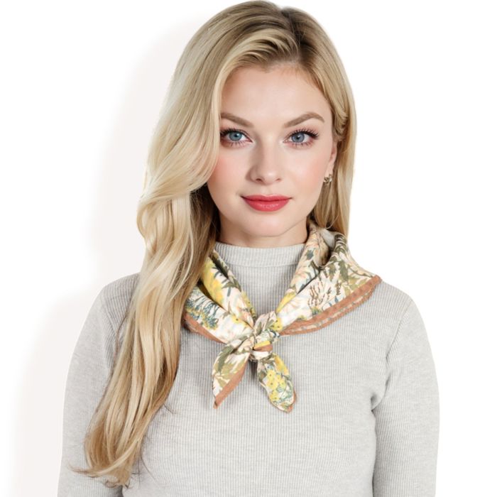 Women's Floral Printed Satin Square Scarves with Elegant Patterns and Contrast Borders for Chic and Versatile Styling