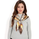 Brown Women's Vintage-Inspired Satin Square Scarves with Vibrant Patterns and Bold Feather and Butterfly Motifs