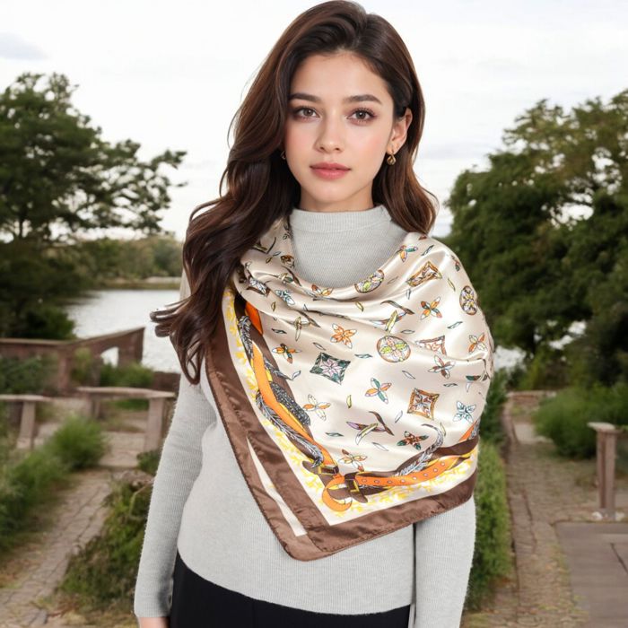 Women's Vintage-Inspired Satin Square Scarves with Vibrant Patterns and Bold Feather and Butterfly Motifs