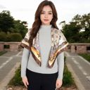 Brown Women's Vintage-Inspired Satin Square Scarves with Vibrant Patterns and Bold Feather and Butterfly Motifs