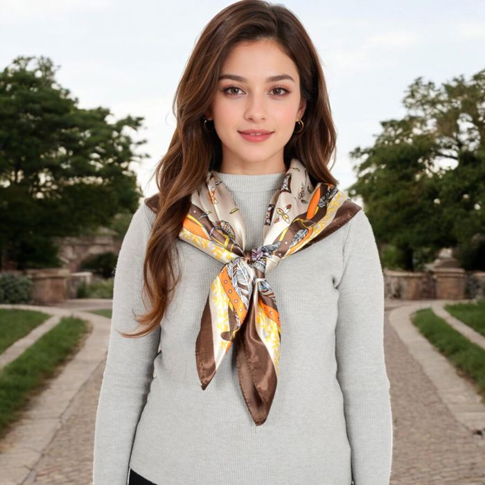 Women's Vintage-Inspired Satin Square Scarves with Vibrant Patterns and Bold Feather and Butterfly Motifs