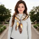 Brown Women's Vintage-Inspired Satin Square Scarves with Vibrant Patterns and Bold Feather and Butterfly Motifs