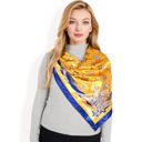 Yellow Women's Vintage-Inspired Satin Square Scarves with Vibrant Patterns and Bold Feather and Butterfly Motifs