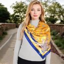 Yellow Women's Vintage-Inspired Satin Square Scarves with Vibrant Patterns and Bold Feather and Butterfly Motifs