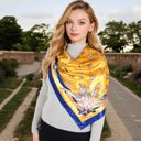 Yellow Women's Vintage-Inspired Satin Square Scarves with Vibrant Patterns and Bold Feather and Butterfly Motifs