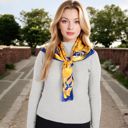 Yellow Women's Vintage-Inspired Satin Square Scarves with Vibrant Patterns and Bold Feather and Butterfly Motifs