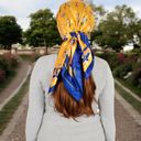 Yellow Women's Vintage-Inspired Satin Square Scarves with Vibrant Patterns and Bold Feather and Butterfly Motifs