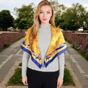 Yellow Women's Vintage-Inspired Satin Square Scarves with Vibrant Patterns and Bold Feather and Butterfly Motifs