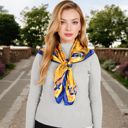 Yellow Women's Vintage-Inspired Satin Square Scarves with Vibrant Patterns and Bold Feather and Butterfly Motifs