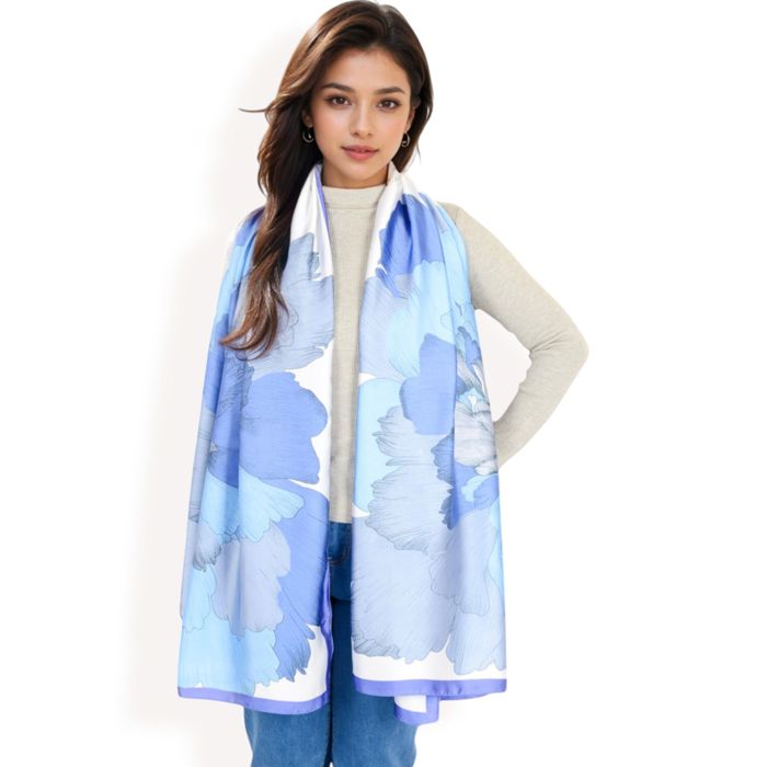 Women's Elegant Floral Satin Scarf with Vibrant Blue and Lavender Tones for Chic and Versatile Styling