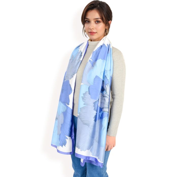 Women's Elegant Floral Satin Scarf with Vibrant Blue and Lavender Tones for Chic and Versatile Styling