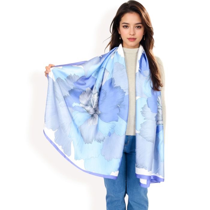 Women's Elegant Floral Satin Scarf with Vibrant Blue and Lavender Tones for Chic and Versatile Styling