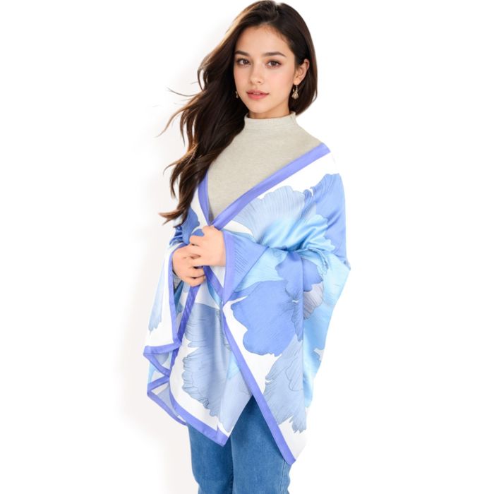 Women's Elegant Floral Satin Scarf with Vibrant Blue and Lavender Tones for Chic and Versatile Styling