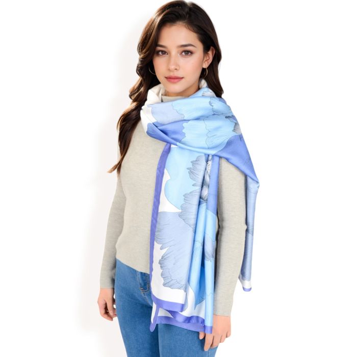 Women's Elegant Floral Satin Scarf with Vibrant Blue and Lavender Tones for Chic and Versatile Styling