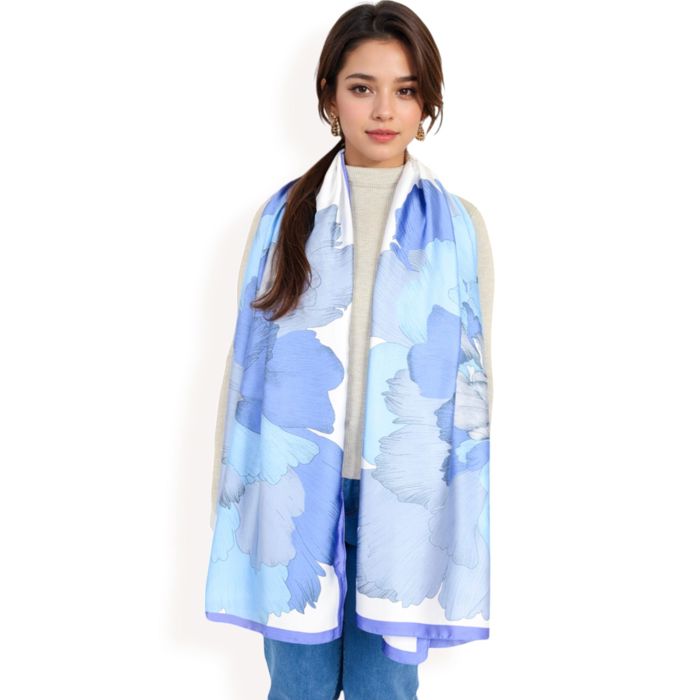 Women's Elegant Floral Satin Scarf with Vibrant Blue and Lavender Tones for Chic and Versatile Styling