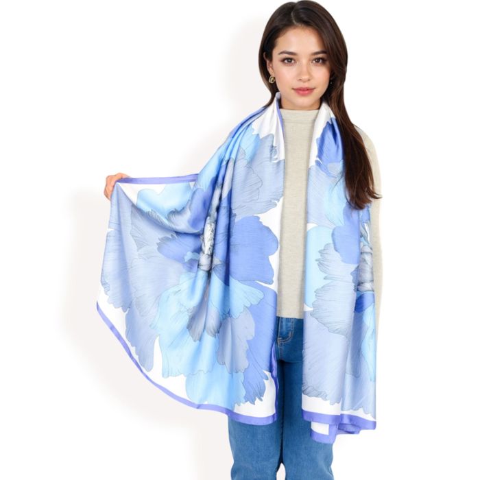 Women's Elegant Floral Satin Scarf with Vibrant Blue and Lavender Tones for Chic and Versatile Styling