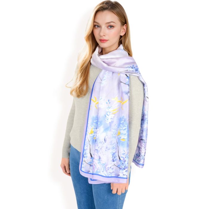 Women's Elegant Floral Satin Scarf with Vibrant Blue and Lavender Tones for Chic and Versatile Styling