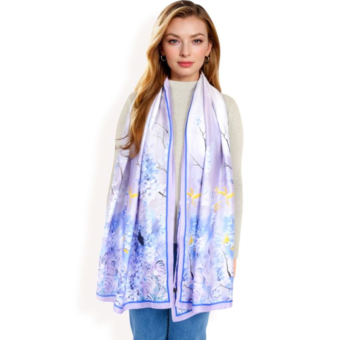 Women's Elegant Floral Satin Scarf with Vibrant Blue and Lavender Tones for Chic and Versatile Styling