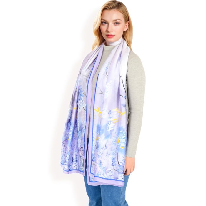 Women's Elegant Floral Satin Scarf with Vibrant Blue and Lavender Tones for Chic and Versatile Styling