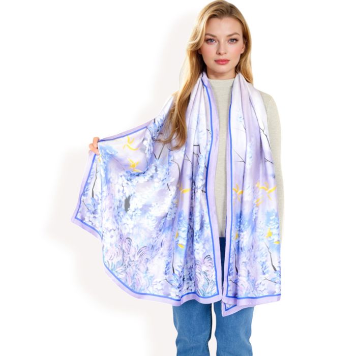 Women's Elegant Floral Satin Scarf with Vibrant Blue and Lavender Tones for Chic and Versatile Styling