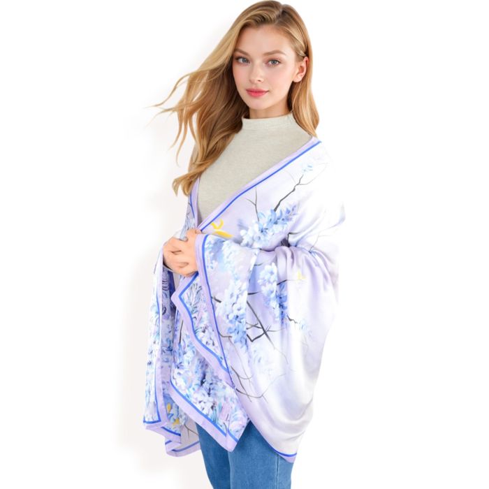 Women's Elegant Floral Satin Scarf with Vibrant Blue and Lavender Tones for Chic and Versatile Styling