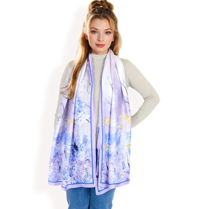 Women's Elegant Floral Satin Scarf with Vibrant Blue and Lavender Tones for Chic and Versatile Styling