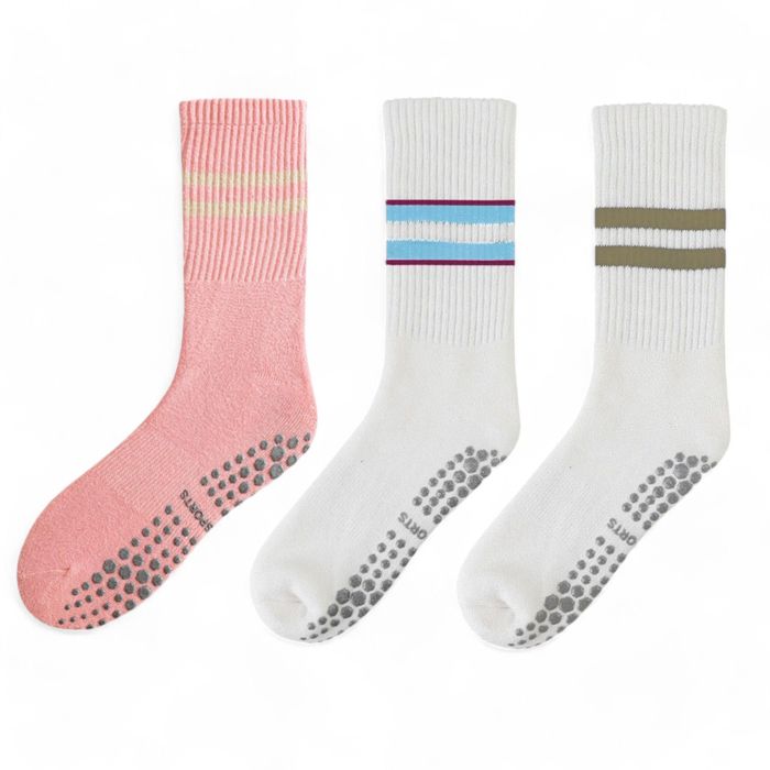 Women's 3-Pack Non-Slip Athletic Crew Socks with Striped Detail and Cushioned Support