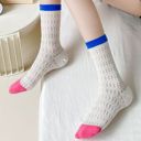 Gray Women's Textured Knit Crew Socks with Color Block Cuffs and Toe Accents