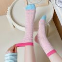 Gray Women's Textured Knit Crew Socks with Color Block Cuffs and Toe Accents